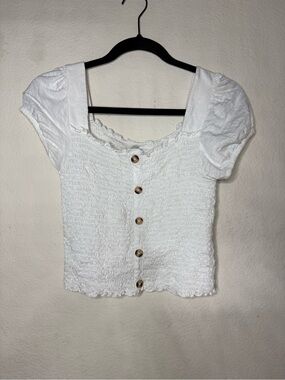 Mudd White Smocked Button-Front Crop Top
